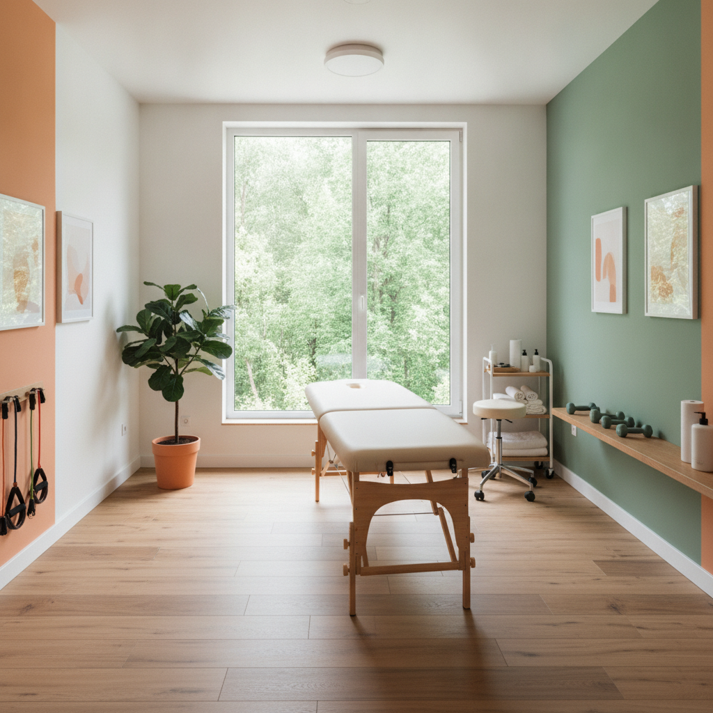 Helle Physiotherapie-Praxis mit Behandlungsliege und großem Fenster (Musterbild)